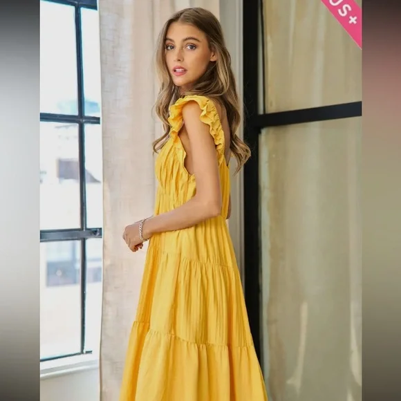 11. Women's Crinkled Fabric Ruffle Sleeve Deep V-Neck Maxi Dress - Picture 5 of 7